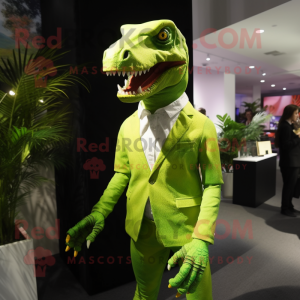 Lime Green Allosaurus mascot costume character dressed with a Dress and Pocket squares