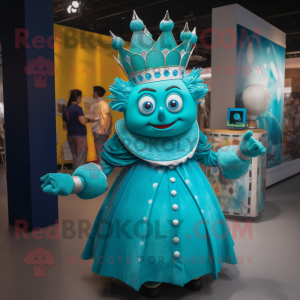 Turquoise Queen mascot costume character dressed with a Skirt and Rings