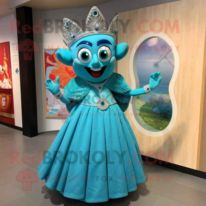 Turquoise Queen mascot costume character dressed with a Skirt and Rings