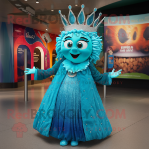 Turquoise Queen mascot costume character dressed with a Skirt and Rings