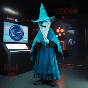 Cyan Witch'S Hat mascot costume character dressed with a Coat and Watches