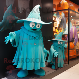 Cyan Witch'S Hat mascot costume character dressed with a Coat and Watches