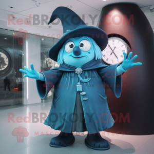 Cyan Witch'S Hat mascot costume character dressed with a Coat and Watches