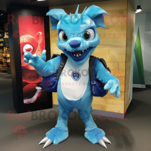 Sky Blue Chupacabra mascot costume character dressed with a Bermuda Shorts and Messenger bags