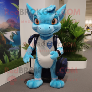 Sky Blue Chupacabra mascot costume character dressed with a Bermuda Shorts and Messenger bags