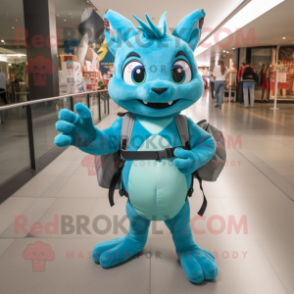 Sky Blue Chupacabra mascot costume character dressed with a Bermuda Shorts and Messenger bags