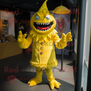 Yellow Demon mascot costume character dressed with a Dress and Hat pins