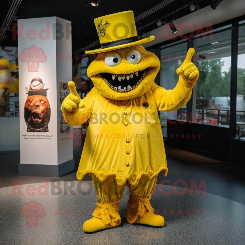 Yellow Demon mascot costume character dressed with a Dress and Hat pins Yellow Demon mascot costume character dressed with a Dress and Hat pins