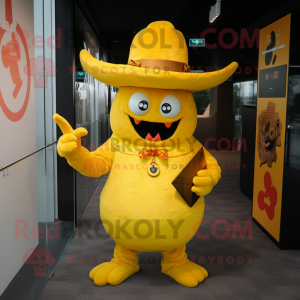 Yellow Demon mascot costume character dressed with a Dress and Hat pins