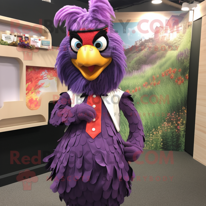 Lavender Rooster mascot costume character dressed with a Jumpsuit and Cummerbunds