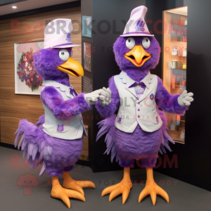Lavender Rooster mascot costume character dressed with a Jumpsuit and Cummerbunds