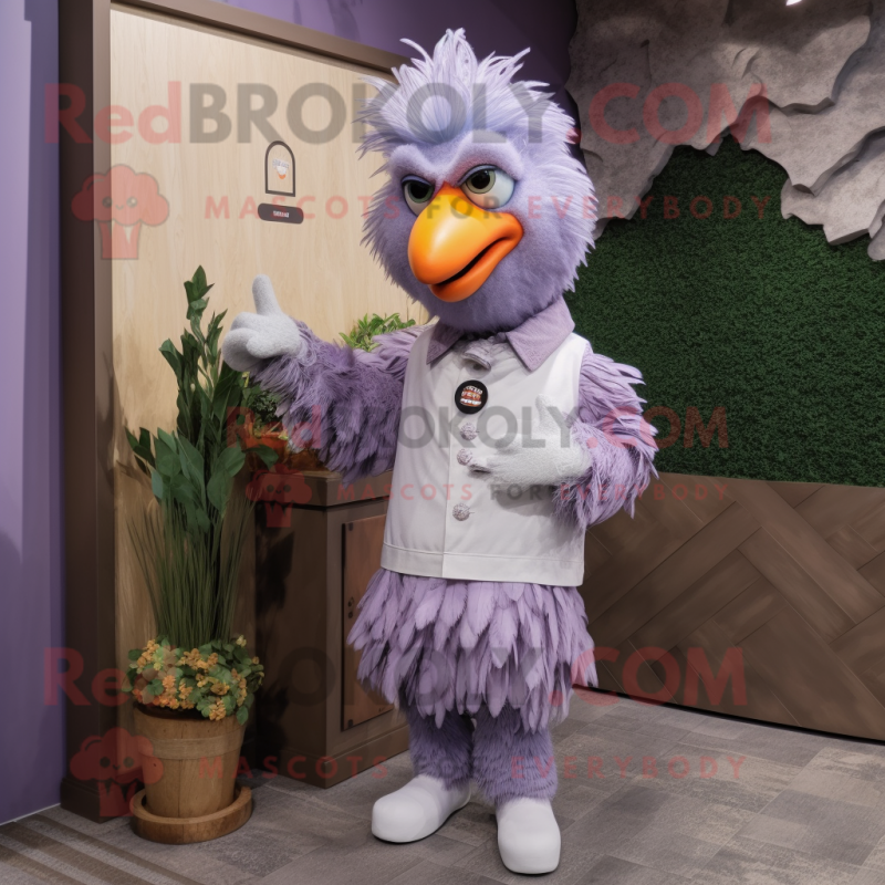 Lavender Rooster mascot costume character dressed with a Jumpsuit and Cummerbunds