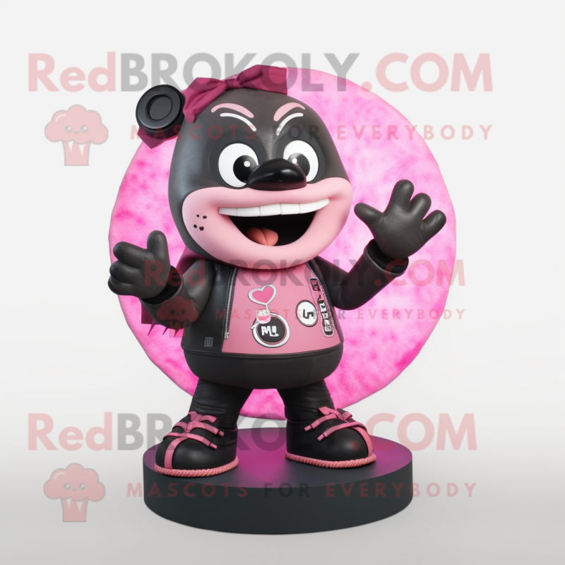Pink Moussaka mascot costume character dressed with a Leather Jacket and Rings Pink Moussaka mascot costume character dressed with a Leather Jacket and Rings
