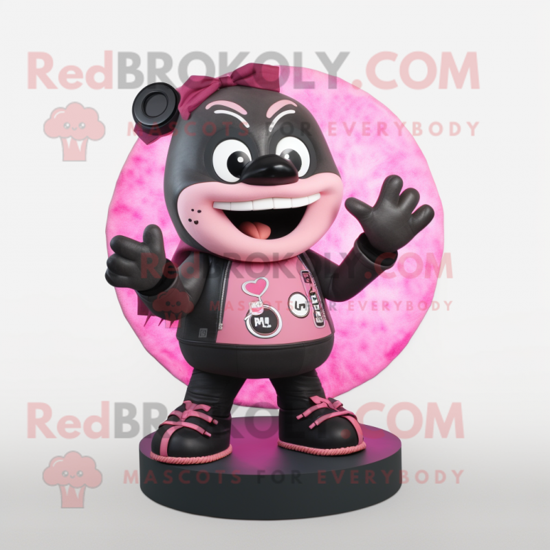 Pink Moussaka mascot costume character dressed with a Leather Jacket and Rings