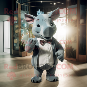 Gray Rhinoceros mascot costume character dressed with a Flare Jeans and Bow ties