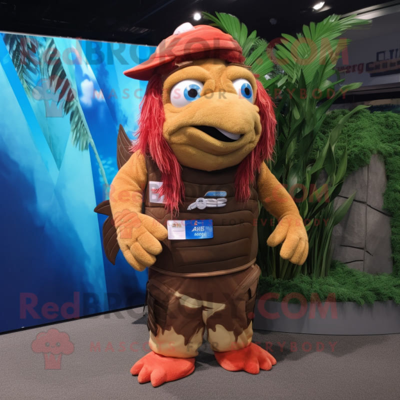 Brown Betta Fish mascot costume character dressed with a Board Shorts and Belts