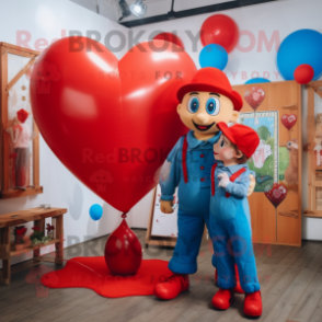Red Heart Shaped Balloons mascot costume character dressed with a Dungarees and Watches