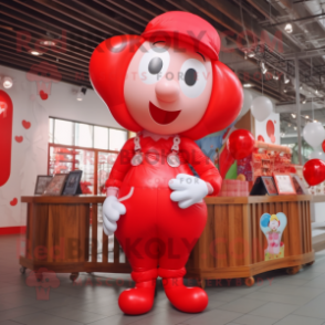Red Heart Shaped Balloons mascot costume character dressed with a Dungarees and Watches
