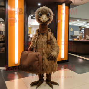 Brown Ostrich mascot costume character dressed with a Turtleneck and Handbags