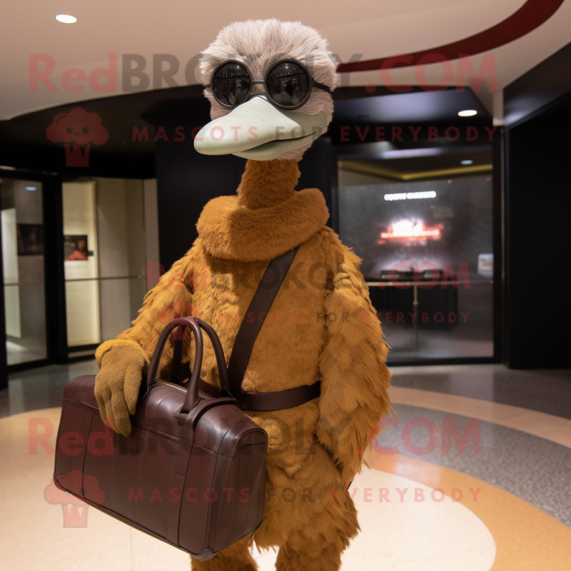 Brown Ostrich mascot costume character dressed with a Turtleneck and Handbags