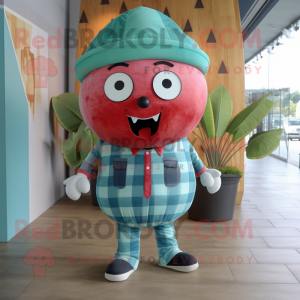 Cyan Watermelon mascot costume character dressed with a Flannel Shirt and Ties