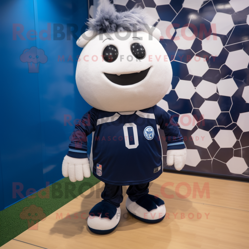 Navy Soccer Ball mascot costume character dressed with a Sweater and Hairpins