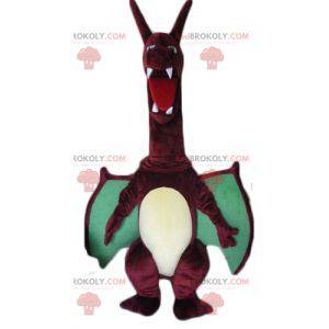 Mascotte de grand dragon rouge et vert avec de grandes ailes