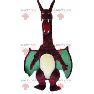 Mascotte de grand dragon rouge et vert avec de grandes ailes -