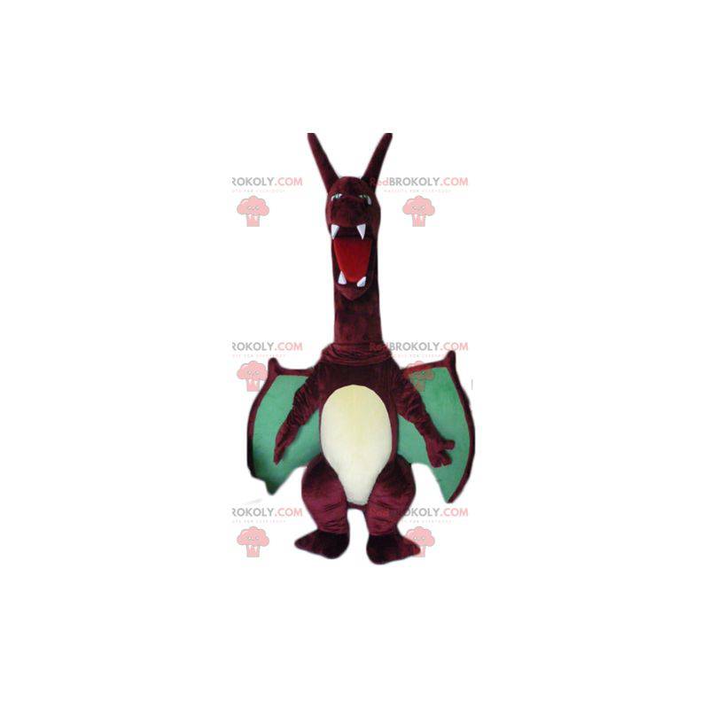 Großes rotes und grünes Drachenmaskottchen mit großen Flügeln -