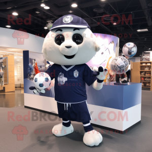 Navy Soccer Ball mascot costume character dressed with a Sweater and Hairpins