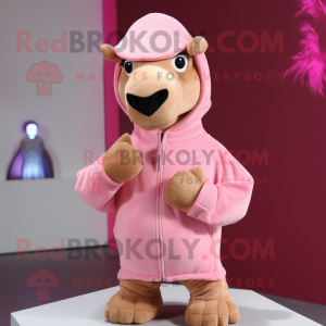 Pink Camel mascot costume character dressed with a Sweatshirt and Gloves