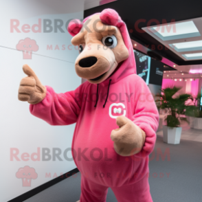 Pink Camel mascot costume character dressed with a Sweatshirt and Gloves