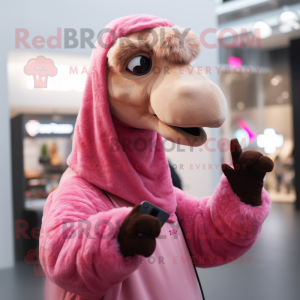 Pink Camel mascot costume character dressed with a Sweatshirt and Gloves