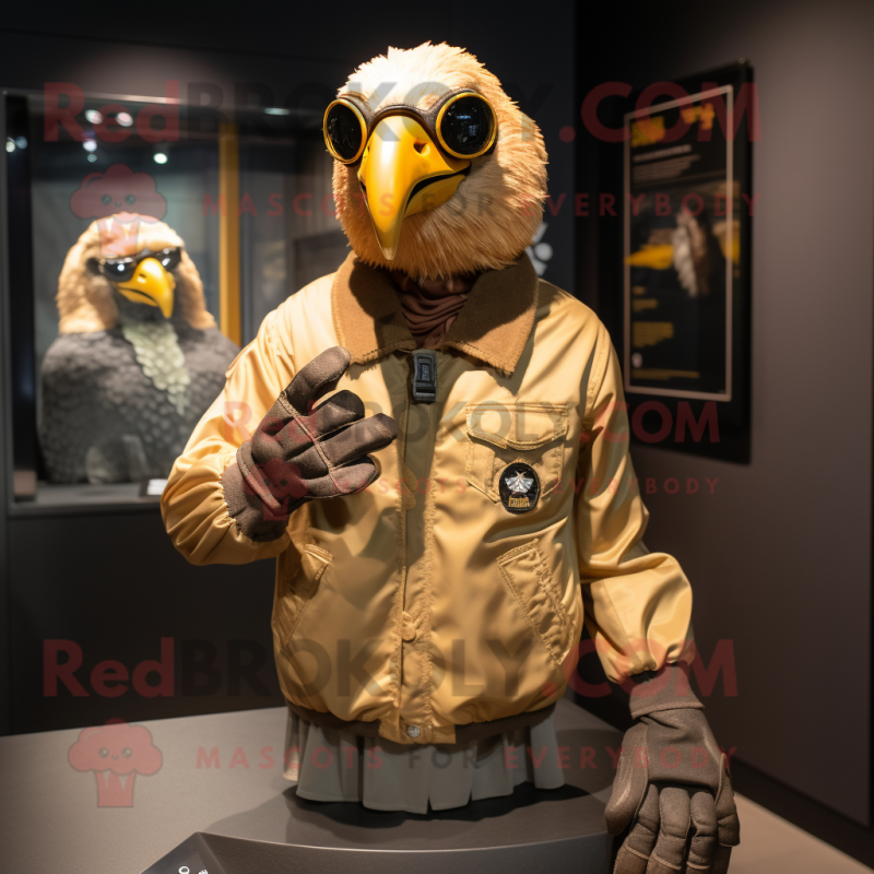 Gold Vulture mascot costume character dressed with a Bomber Jacket and Gloves Gold Vulture mascot costume character dressed with a Bomber Jacket and Gloves