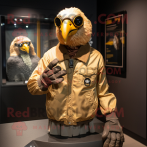Gold Vulture mascot costume character dressed with a Bomber Jacket and Gloves