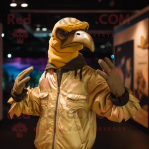 Gold Vulture mascot costume character dressed with a Bomber Jacket and Gloves