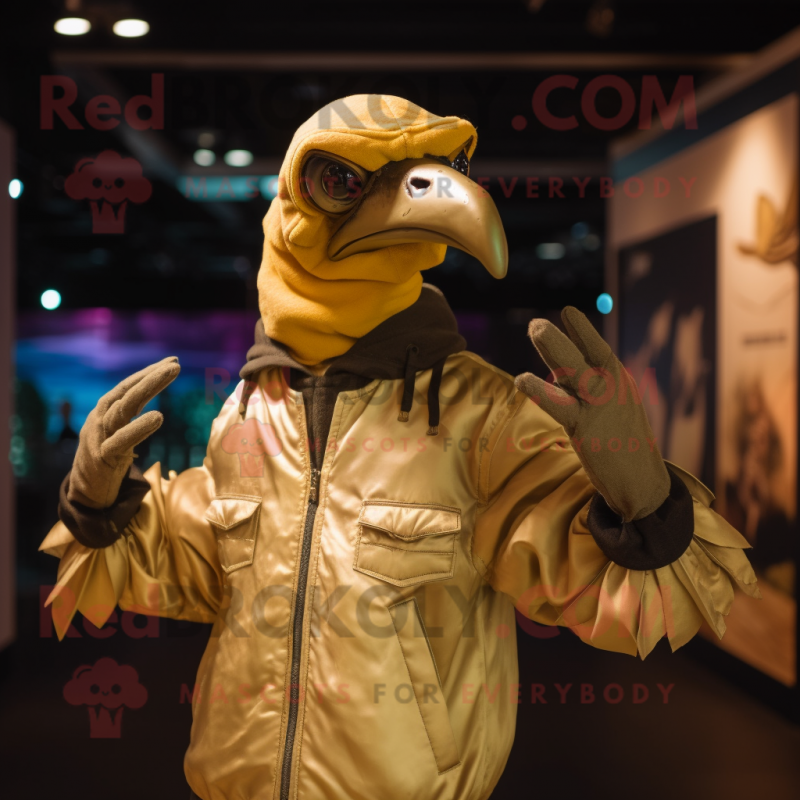 Gold Vulture mascot costume character dressed with a Bomber Jacket and Gloves Gold Vulture mascot costume character dressed with a Bomber Jacket and Gloves