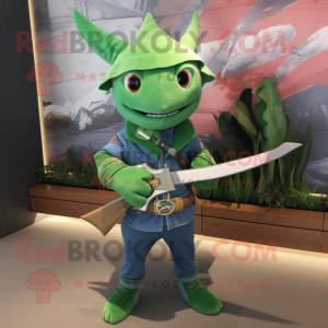 Green Swordfish mascot costume character dressed with a Flare Jeans and Hairpins
