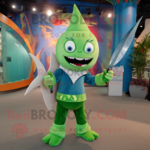 Green Swordfish mascot costume character dressed with a Flare Jeans and Hairpins