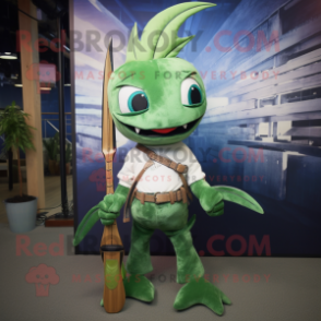 Green Swordfish mascot costume character dressed with a Flare Jeans and Hairpins