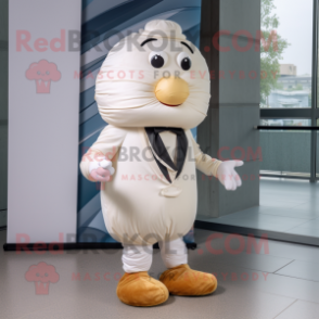 White Croissant mascot costume character dressed with a Dress Pants and Tie pins