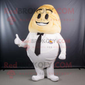 White Croissant mascot costume character dressed with a Dress Pants and Tie pins