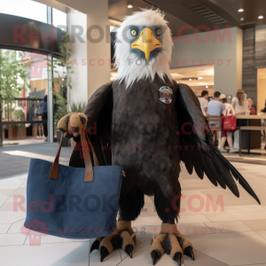 Black Bald Eagle mascot costume character dressed with a Jeans and Tote bags