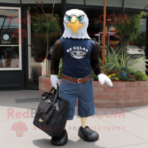 Black Bald Eagle mascot costume character dressed with a Jeans and Tote bags