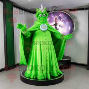 Lime Green Magician mascot costume character dressed with a Ball Gown and Bracelet watches