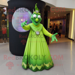 Lime Green Magician mascot costume character dressed with a Ball Gown and Bracelet watches