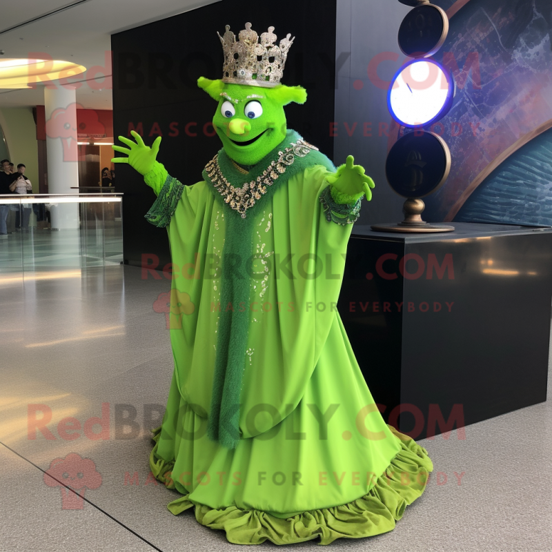 Lime Green Magician mascot costume character dressed with a Ball Gown and Bracelet watches