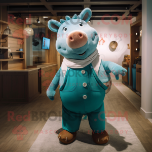 Teal Pig mascot costume character dressed with a Dungarees and Shawl pins