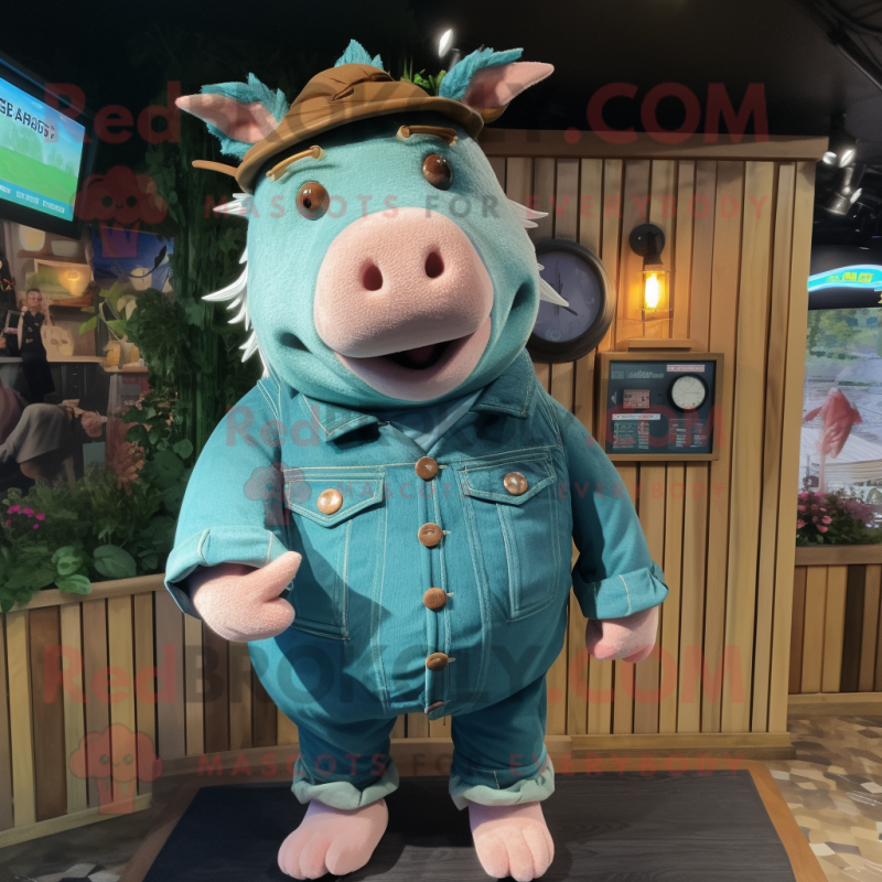Teal Pig mascot costume character dressed with a Dungarees and Shawl pins Teal Pig mascot costume character dressed with a Dungarees and Shawl pins