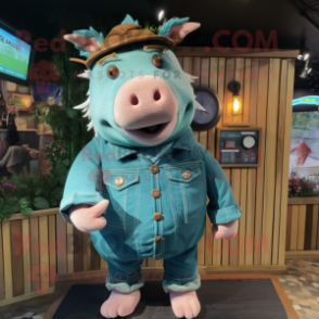 Teal Pig mascot costume character dressed with a Dungarees and Shawl pins